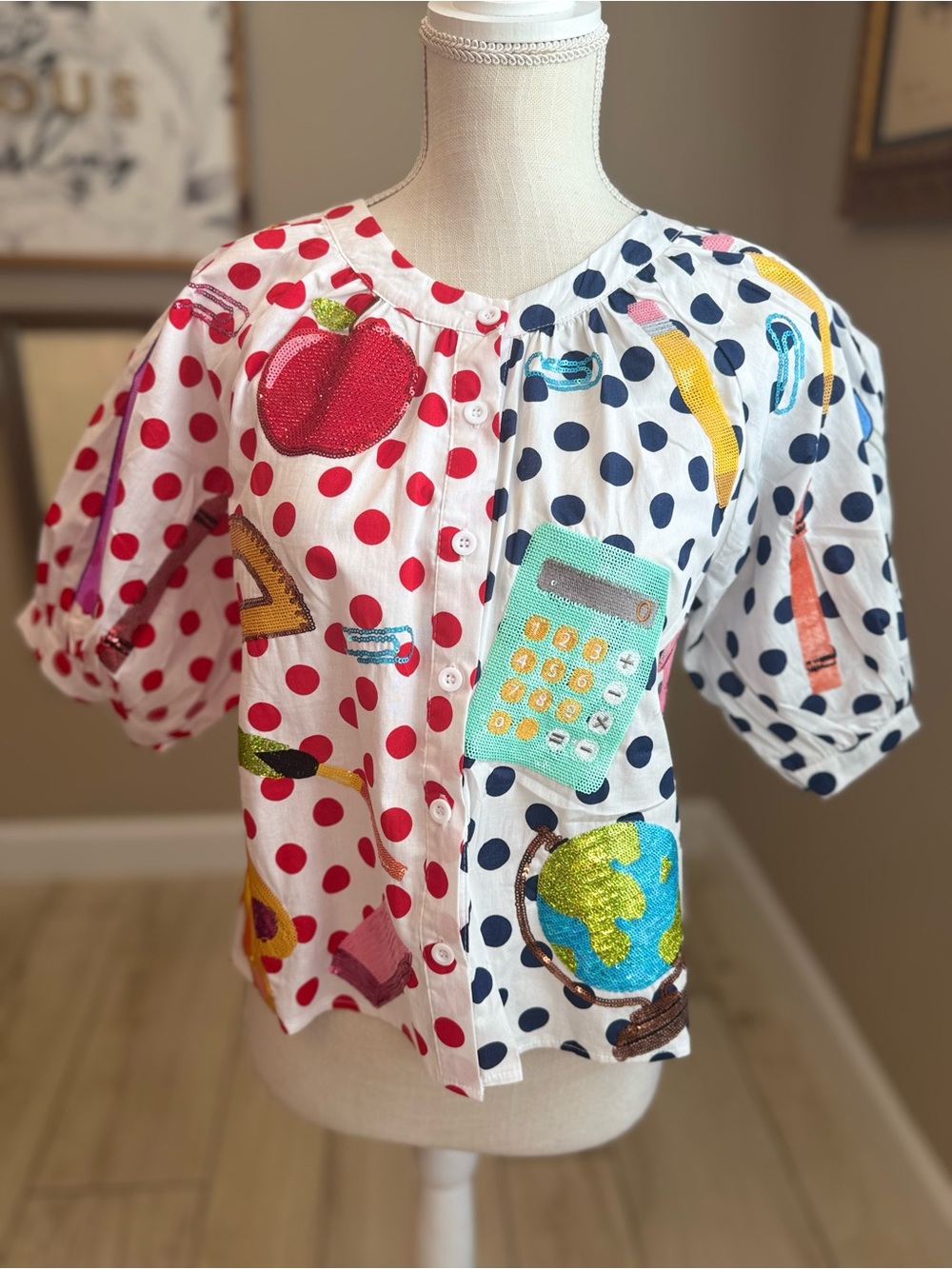 NWT! QUEEN OF SPARKLES Polka Dot Teacher Icon Button Up Top XS/S